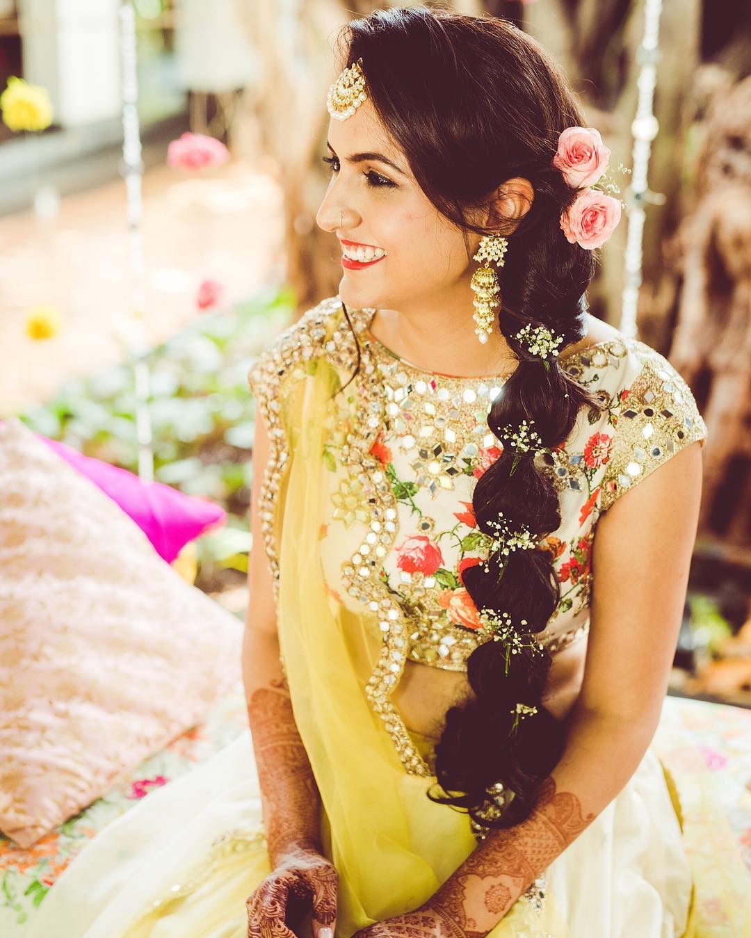 Best Hairstyle For A Wedding Mehndi And Haldi With Floral  Tikli